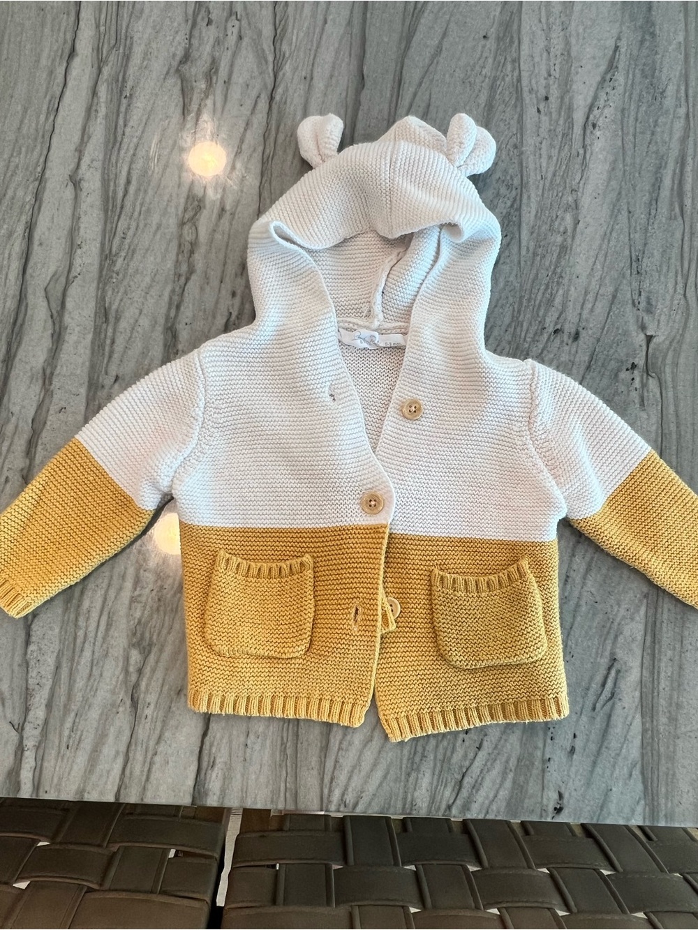 Rene Rofe baby White and Mustard Yellow Hooded Knit Jacket with Ears